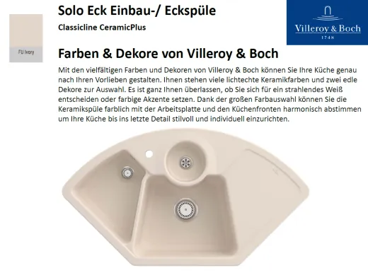 Villeroy & Boch SOLO ECK-Classicline Ecksple / Einbausple / Keramiksple in Standard Farben
