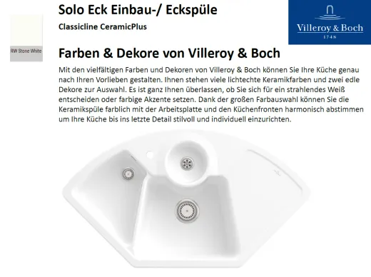 Villeroy & Boch SOLO ECK-Classicline Ecksple / Einbausple / Keramiksple in Standard Farben