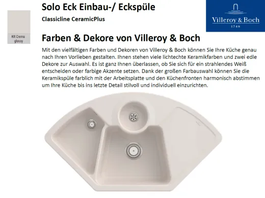 Villeroy & Boch SOLO ECK-Classicline Ecksple / Einbausple / Keramiksple in Standard Farben