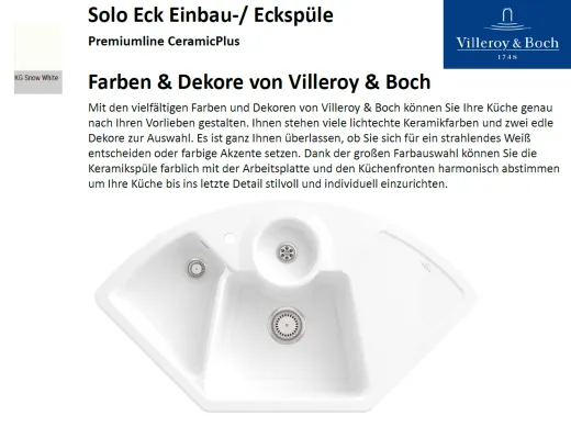 Villeroy & Boch SOLO ECK-Premiumline Ecksple / Einbausple / Keramiksple in Sonder Farben