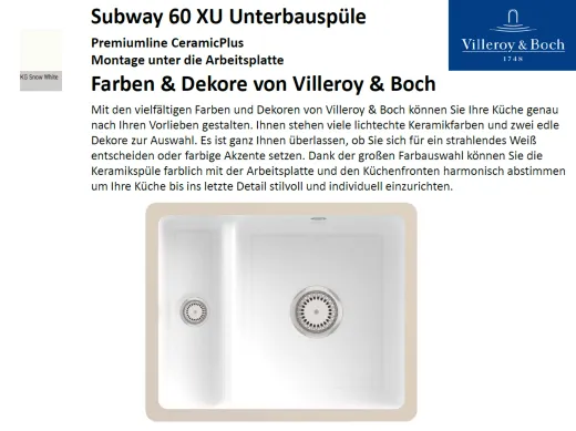 Villeroy & Boch SUBWAY 60 XU UB-Premiumline Unterbausple / Keramiksple in Sonder Farben