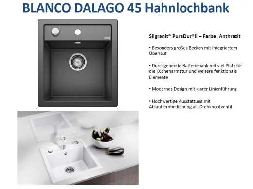 BLANCO Kchensple Dalago 45 Silgranit PuraDurII Granitsple / Einbausple mit Drehknopfventil