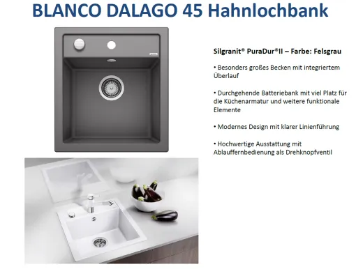 BLANCO Kchensple Dalago 45 Silgranit PuraDurII Granitsple / Einbausple mit Drehknopfventil