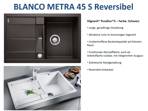 BLANCO Kchensple Metra 45 S Silgranit PuraDurII Granitsple / Einbausple mit Drehknopfventil
