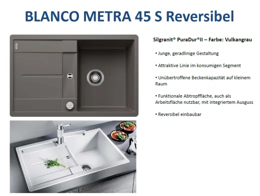 BLANCO Kchensple Metra 45 S Silgranit PuraDurII Granitsple / Einbausple mit Drehknopfventil