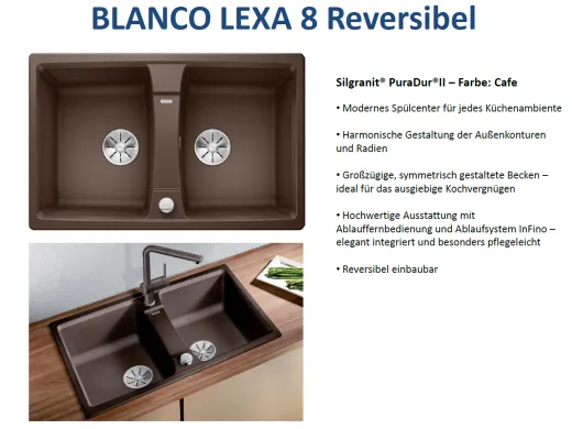 BLANCO Doppelsple Lexa 8 Silgranit PuraDurII Granitsple / Einbausple Ablaufsystem InFino mit Drehknopfventil