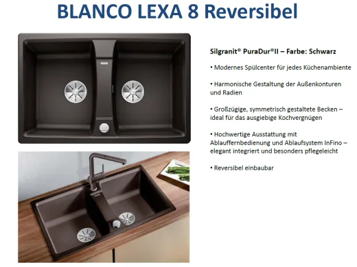 BLANCO Doppelsple Lexa 8 Silgranit PuraDurII Granitsple / Einbausple Ablaufsystem InFino mit Drehknopfventil