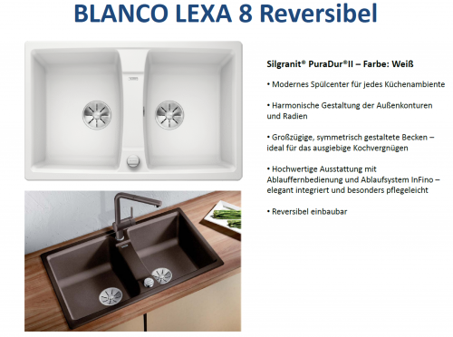 BLANCO Doppelsple Lexa 8 Silgranit PuraDurII Granitsple / Einbausple Ablaufsystem InFino mit Drehknopfventil