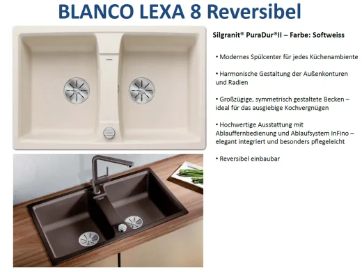 BLANCO Doppelsple Lexa 8 Silgranit PuraDurII Granitsple / Einbausple Ablaufsystem InFino mit Drehknopfventil