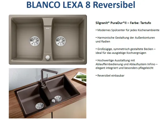 BLANCO Doppelsple Lexa 8 Silgranit PuraDurII Granitsple / Einbausple Ablaufsystem InFino mit Drehknopfventil