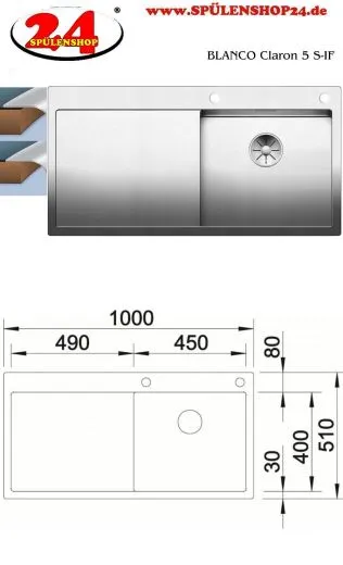 BLANCO Kchensple Claron 5 S-IF Edelstahlsple / Einbausple Flachrand mit Ablaufsystem InFino und PushControl
