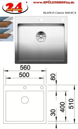 BLANCO Kchensple Claron 500-IF/A Edelstahlsple / Einbausple Flachrand mit Ablaufsystem InFino und PushControl