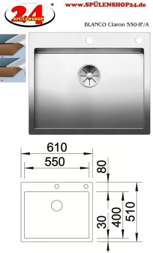 BLANCO Kchensple Claron 550-IF/A Edelstahlsple / Einbausple Flachrand mit Ablaufsystem InFino und PushControl