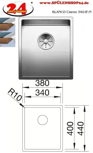 BLANCO Kchensple Claron 340-IF Edelstahlsple / Einbausple Flachrand mit Ablaufsystem InFino und Handbettigung