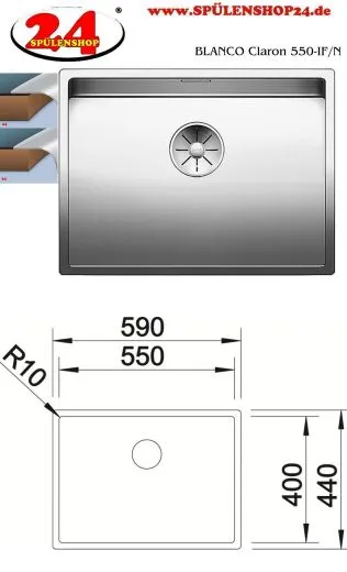 BLANCO Kchensple Claron 550-IF Edelstahlsple / Einbausple Flachrand mit Ablaufsystem InFino und Handbettigung