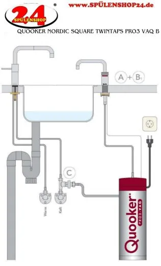 QUOOKER Nordic Square Twintaps VAQ PRO3 Einhebelmischer Chrom & 100C Armatur als Set (PRO3NSMSCHRTT)