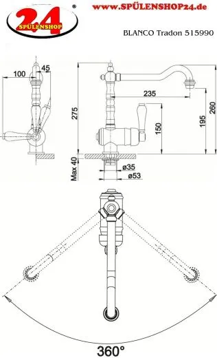 BLANCO Kchenarmatur Tradon Chrom Einhebelmischer mit Festauslauf 360 schwenkbarer Auslauf in Nostalgieoptik
