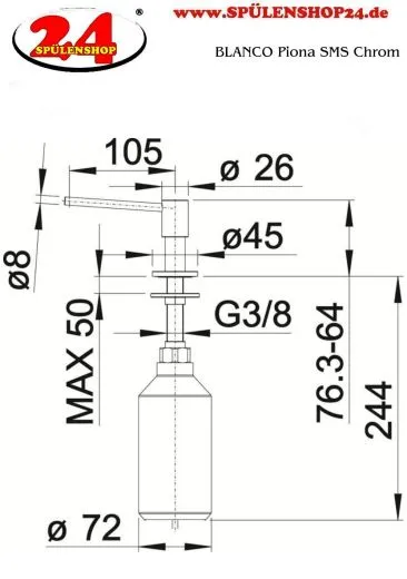 BLANCO Seifenspender Piona Chrom Splmittelspender / Dispenser bequeme Druckbettigung von oben