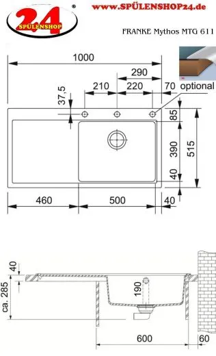 FRANKE Kchensple Mythos MTG 611 Fragranit+ Einbausple / Granitsple mit Siebkorb als Druckknopfventil