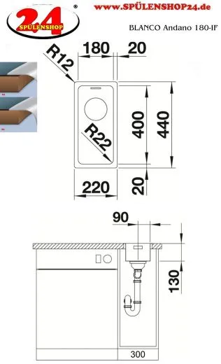 BLANCO Kchensple Andano 180-IF Edelstahlsple / Einbausple Flachrand mit Ablaufsystem InFino und Handbettigung