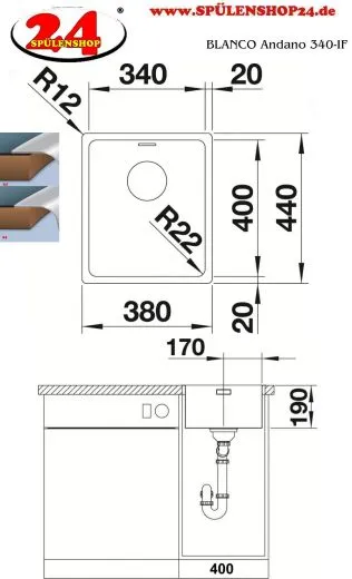 BLANCO Kchensple Andano 340-IF Edelstahlsple / Einbausple Flachrand mit Ablaufsystem InFino und Handbettigung