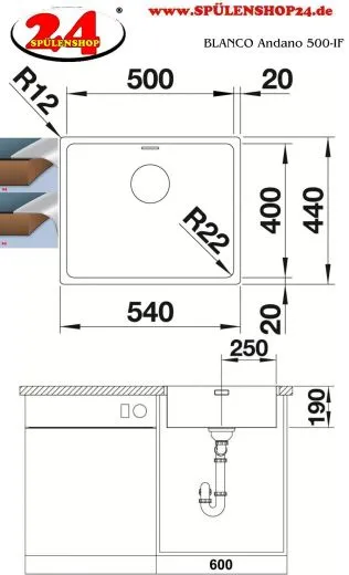 BLANCO Kchensple Andano 500-IF Edelstahlsple / Einbausple Flachrand mit Ablaufsystem InFino und Handbettigung