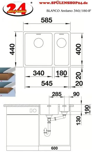 BLANCO Kchensple Andano 340/180-IF Edelstahlsple / Einbausple Flachrand mit Ablaufsystem InFino und Handbettigung