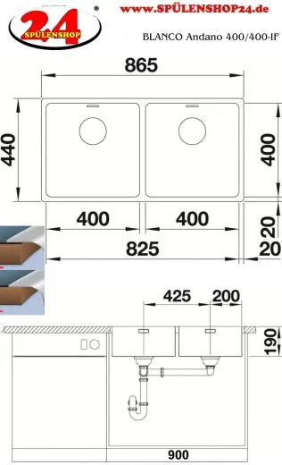 BLANCO Kchensple Andano 400/400-IF Edelstahlsple / Doppelbecken Flachrand mit Ablaufsystem InFino und Handbettigung