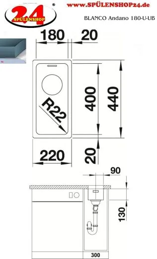 BLANCO Kchensple Andano 180-U Edelstahlsple / Unterbaubecken mit Ablaufsystem InFino und Handbettigung