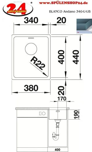 BLANCO Kchensple Andano 340-U Edelstahlsple / Unterbaubecken mit Ablaufsystem InFino und Handbettigung