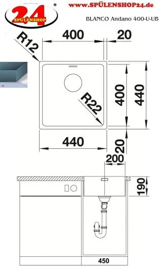 BLANCO Kchensple Andano 400-U Edelstahlsple / Unterbaubecken mit Ablaufsystem InFino und Handbettigung