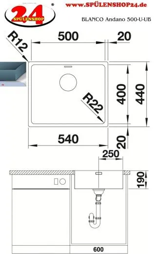 BLANCO Kchensple Andano 500-U Edelstahlsple / Unterbaubecken mit Ablaufsystem InFino und Handbettigung