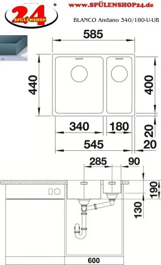 BLANCO Kchensple Andano 340/180-U Edelstahlsple / Unterbaubecken mit Ablaufsystem InFino und Handbettigung