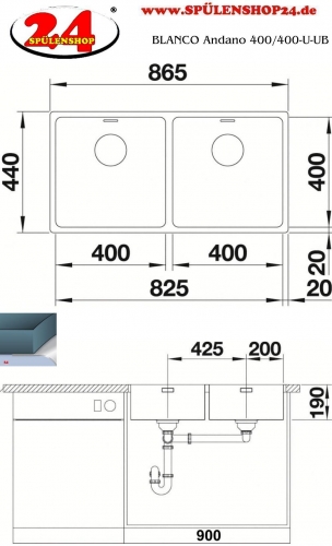 BLANCO Doppelsple Andano 400/400-U Edelstahlsple / Unterbaubecken mit Ablaufsystem InFino und Handbettigung