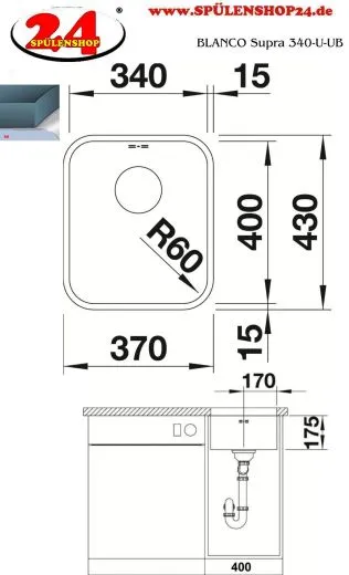 BLANCO Kchensple Supra 340-U Edelstahlsple / Unterbaubecken mit Siebkorb als Stopfenventil und Handbettigung