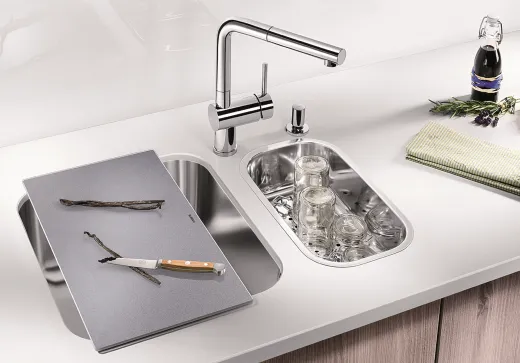 BLANCO Kchensple Supra 340-U Edelstahlsple / Unterbaubecken mit Siebkorb als Stopfenventil und Handbettigung
