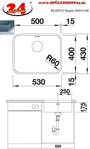 BLANCO Kchensple Supra 500-U Edelstahlsple / Unterbaubecken mit Siebkorb als Stopfenventil und Handbettigung