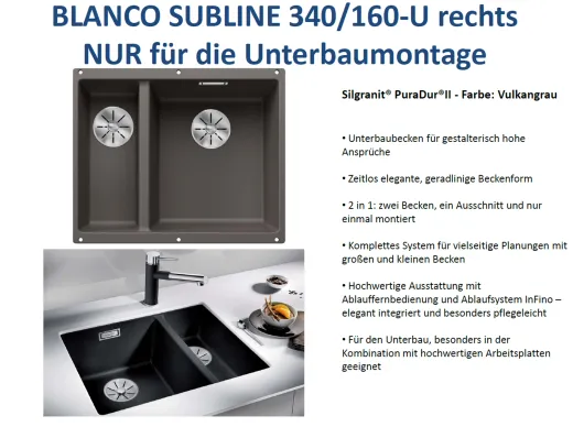 BLANCO Subline 340/160-U Silgranit PuraDurII Granitsple / Unterbaubecken Ablaufsystem InFino mit Handbettigung