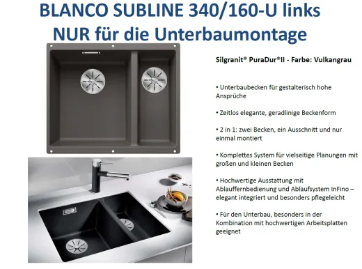 BLANCO Subline 340/160-U Silgranit PuraDurII Granitsple / Unterbaubecken Ablaufsystem InFino mit Handbettigung