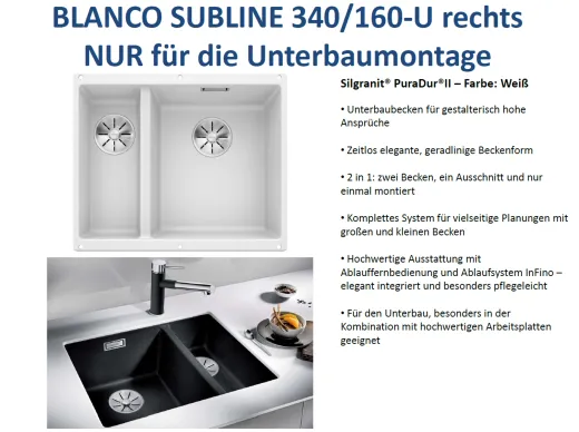 BLANCO Subline 340/160-U Silgranit PuraDurII Granitsple / Unterbaubecken Ablaufsystem InFino mit Handbettigung