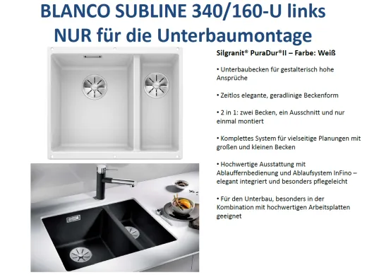 BLANCO Subline 340/160-U Silgranit PuraDurII Granitsple / Unterbaubecken Ablaufsystem InFino mit Handbettigung