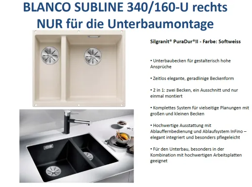 BLANCO Subline 340/160-U Silgranit PuraDurII Granitsple / Unterbaubecken Ablaufsystem InFino mit Handbettigung