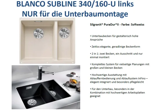 BLANCO Subline 340/160-U Silgranit PuraDurII Granitsple / Unterbaubecken Ablaufsystem InFino mit Handbettigung