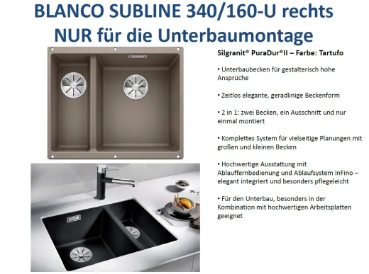 BLANCO Subline 340/160-U Silgranit PuraDurII Granitsple / Unterbaubecken Ablaufsystem InFino mit Handbettigung