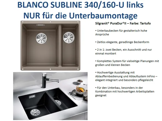 BLANCO Subline 340/160-U Silgranit PuraDurII Granitsple / Unterbaubecken Ablaufsystem InFino mit Handbettigung
