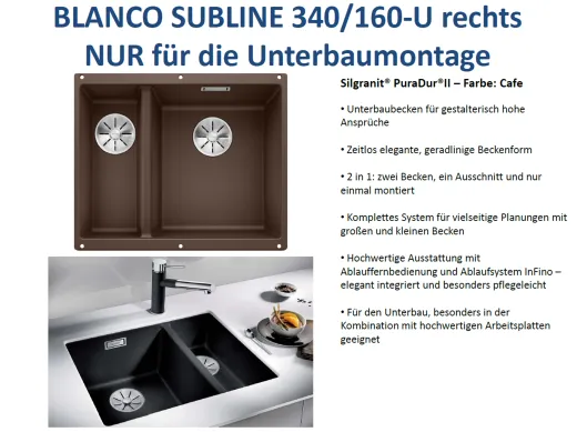 BLANCO Subline 340/160-U Silgranit PuraDurII Granitsple / Unterbaubecken Ablaufsystem InFino mit Handbettigung