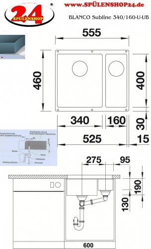 BLANCO Subline 340/160-U Silgranit PuraDurII Granitsple / Unterbaubecken Ablaufsystem InFino mit Handbettigung