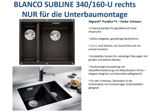 BLANCO Subline 340/160-U Silgranit PuraDurII Granitsple / Unterbaubecken Ablaufsystem InFino mit Handbettigung