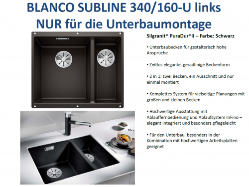 BLANCO Subline 340/160-U Silgranit PuraDurII Granitsple / Unterbaubecken Ablaufsystem InFino mit Handbettigung