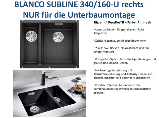 BLANCO Subline 340/160-U Silgranit PuraDurII Granitsple / Unterbaubecken Ablaufsystem InFino mit Handbettigung